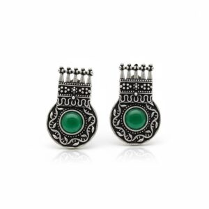 bohemian oxidized silver bell shaped stud earrings with green stone